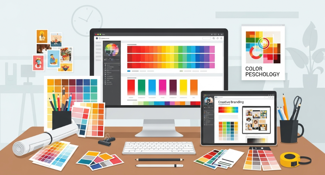 “Graphic design workspace showing vibrant color palettes, swatches, and digital mockups illustrating color psychology and branding.”