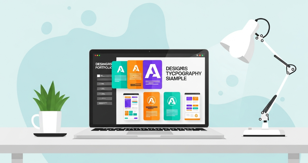 Modern digital workspace showing a graphic designer’s portfolio on a laptop screen with UI/UX mockups, typography, and branding elements.