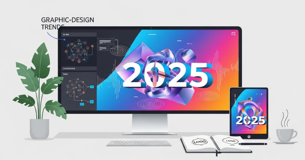 “Modern digital workspace showcasing graphic design trends for 2025, including AI tools, 3D visuals, bold typography, and vibrant color gradients.”