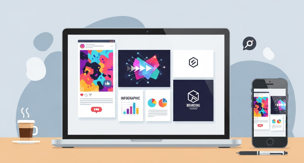 “Modern workspace showing social media graphic designs on laptop and smartphone with colorful visuals, infographics, and branding elements.”