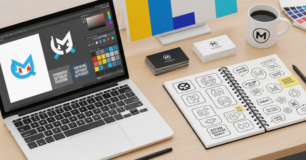 Freelance graphic designer creating a personal brand style guide on laptop and sketchbook