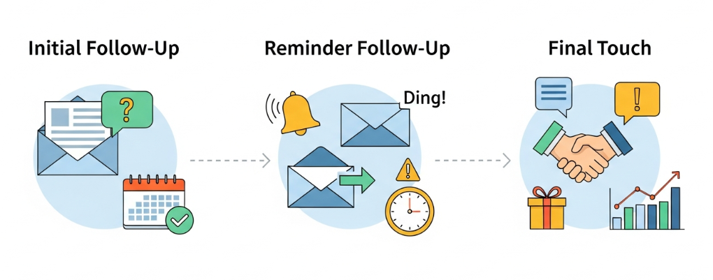 Three-stage client follow-up process including initial message, reminder, and final touch communication.
