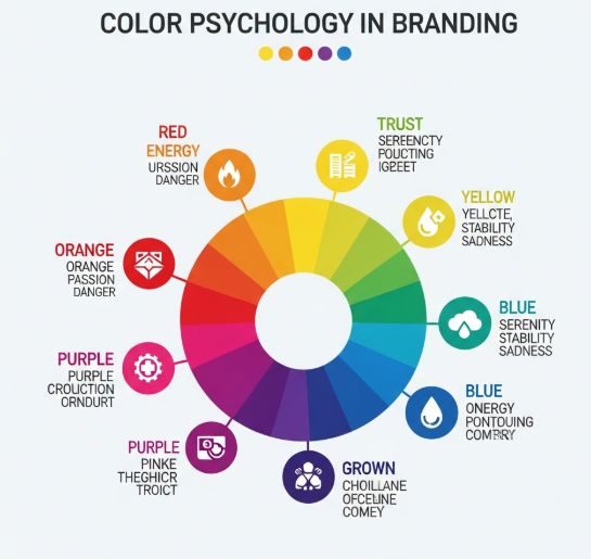 Color psychology chart showing how different colors influence branding and user perception