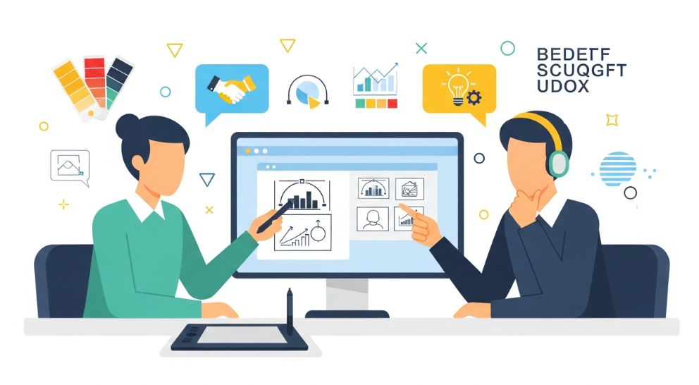 Graphic designer discussing project details with a client in a creative workspace