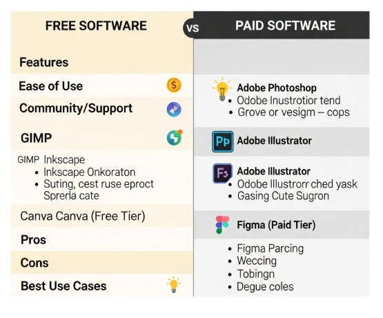 Comparison chart of free and paid graphic design software showing features, advantages, and limitations.