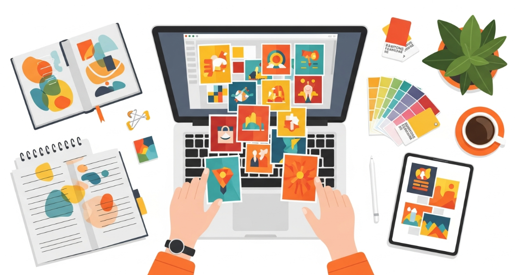 Freelance graphic designer organizing a digital portfolio on laptop with design projects displayed