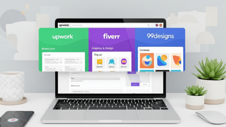 Graphic designer browsing freelancing platforms like Fiverr and Upwork on a laptop