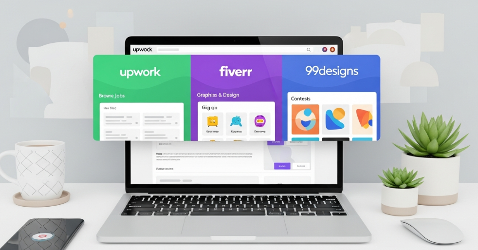 Graphic designer browsing freelancing platforms like Fiverr and Upwork on a laptop