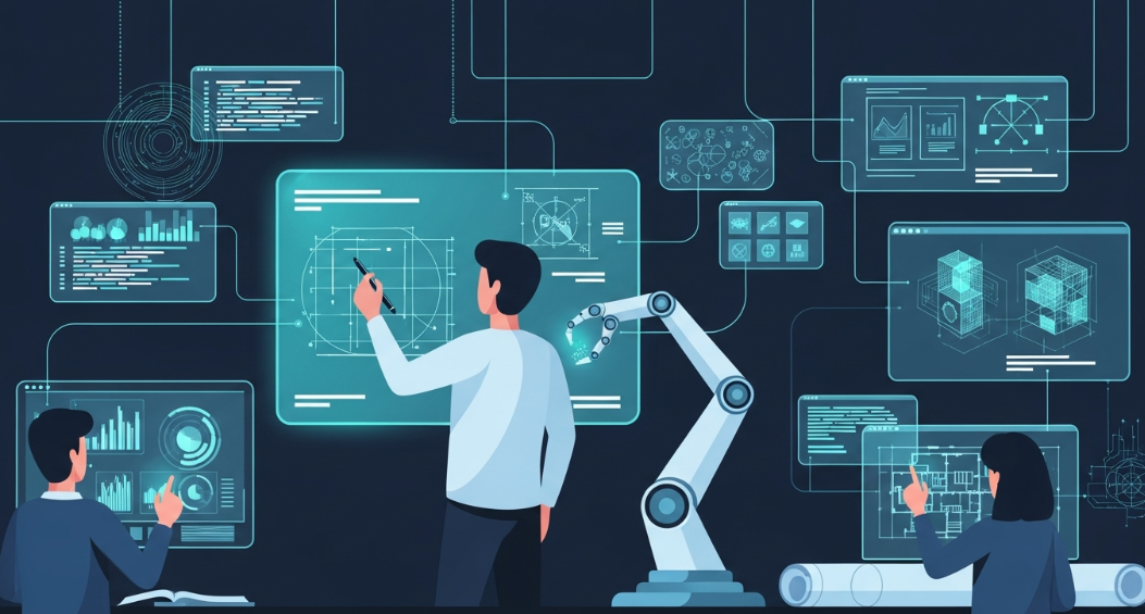 Designer using AI tools to create digital artwork in a futuristic workspace