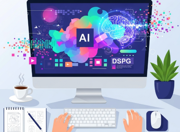 Designer using AI tools on a laptop to enhance creativity in modern design.