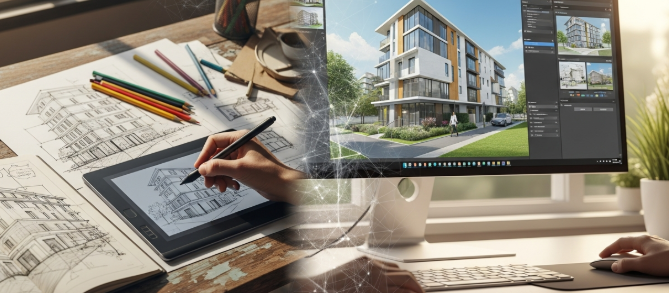 Designer sketching concepts by hand next to an AI-generated art preview