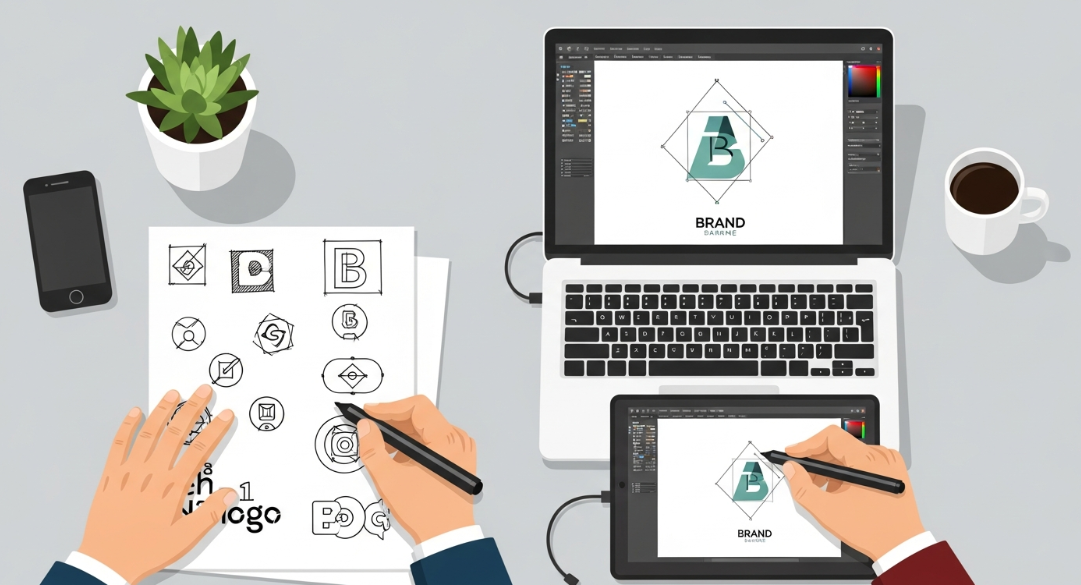 Designer sketching logo concepts on paper before digitizing them on a laptop using vector software