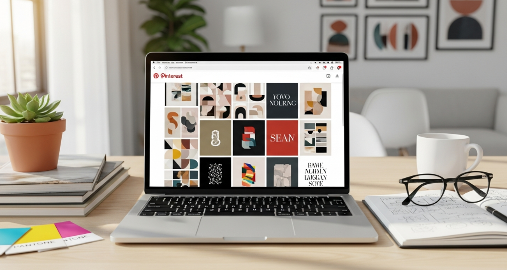 A designer browsing Pinterest for creative design inspiration on a laptop screen