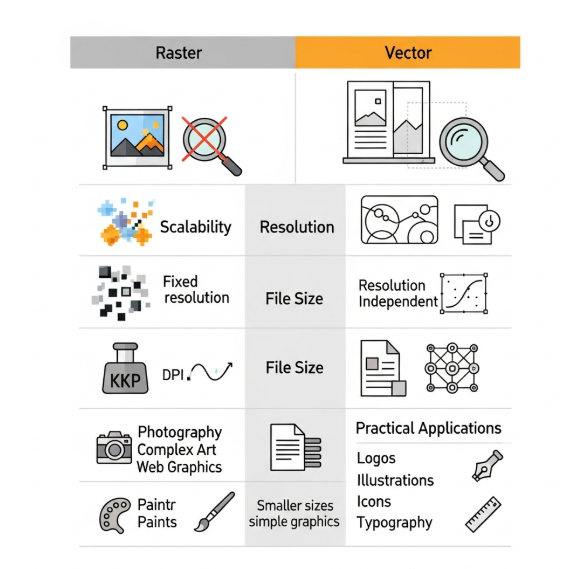 Raster vs vector graphics comparison chart showing differences in scalability, file size, and use cases.