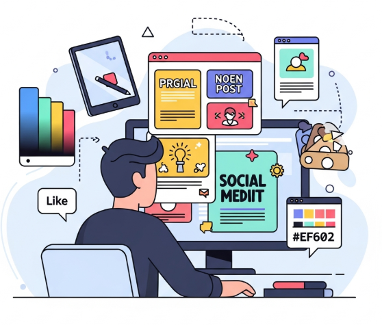Graphic designer creating colorful social media visuals on a computer screen.