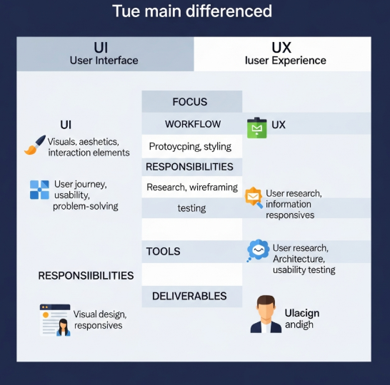 UI vs UX design comparison chart showing differences in focus, process, and deliverables.