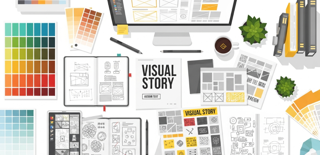 Graphic designer creating a moodboard for visual storytelling with color swatches, sketches, and typography samples