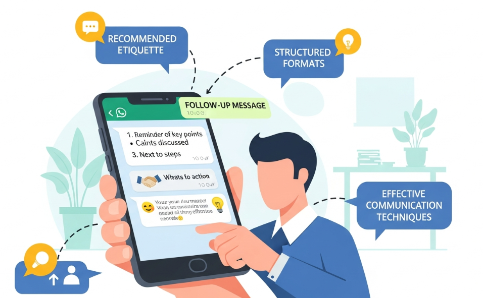 Professional sending a WhatsApp follow-up message using proper etiquette and structured format.