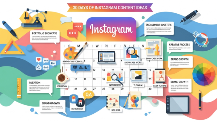 A graphic designer planning 30 days of Instagram content ideas graphic designer on a digital tablet.