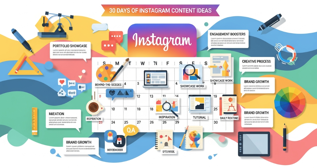 A graphic designer planning 30 days of Instagram content ideas graphic designer on a digital tablet.