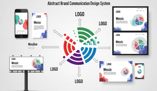 brand communication design applied through consistent logo, typography, and color system across media