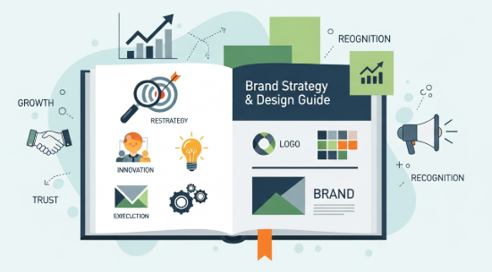 brand strategy and design process illustrated with logo, typography, and color system