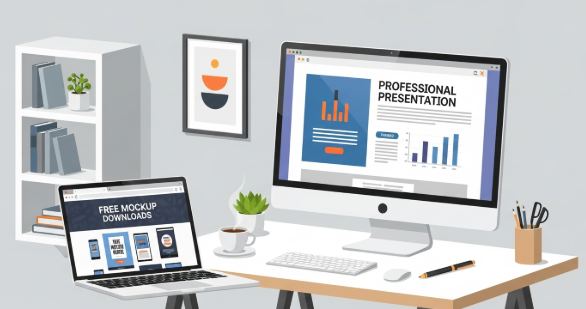 free mockup downloads shown in a professional workspace scene