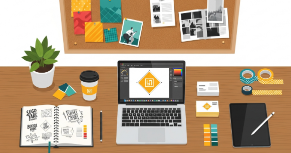 personal branding for a freelance graphic designer illustrated through a designer working on a portfolio at a clean workspace